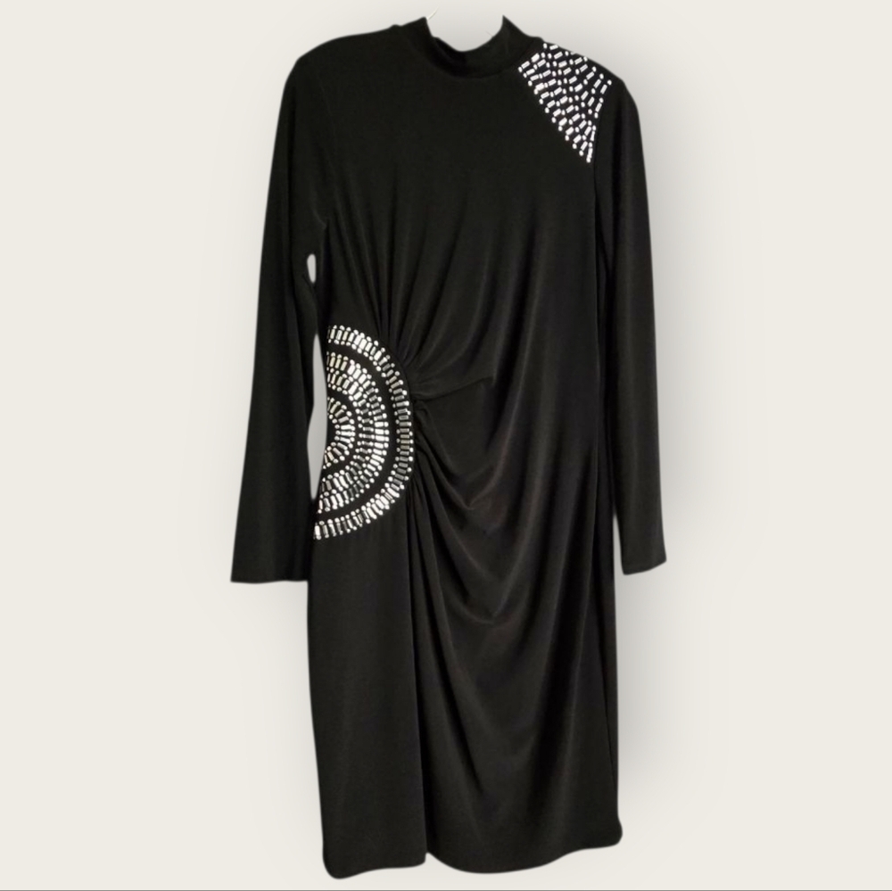 Frank Lyman Design Silver and Black Asymmetrical Ruched Midi Dress, Size 12